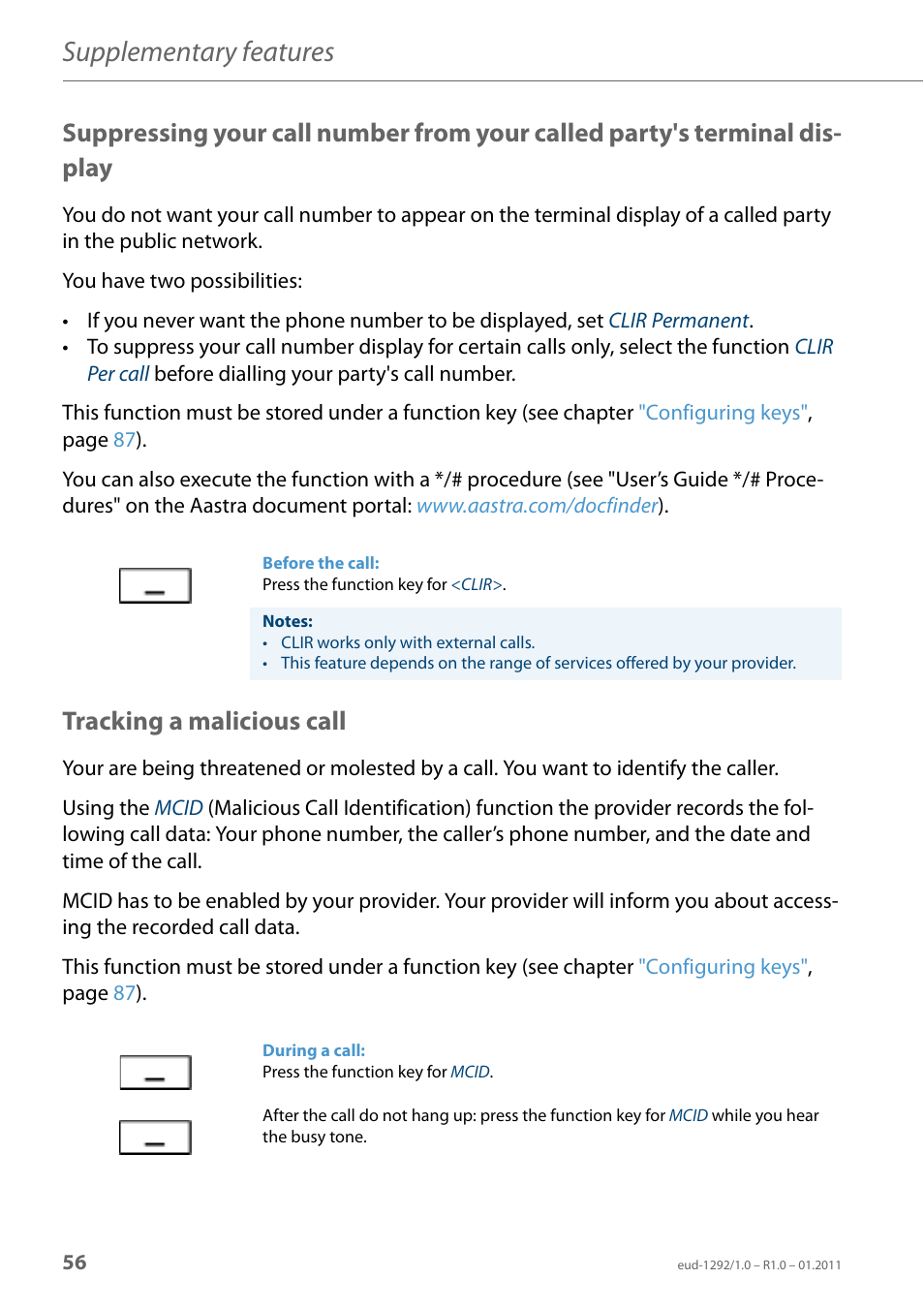 Tracking a malicious call, Suppressing your call, Number from your called party's terminal display | Supplementary features | AASTRA 630d for Aastra 400 User Guide EN User Manual | Page 56 / 103