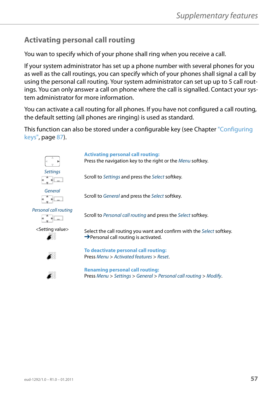 Activating personal call routing, Supplementary features | AASTRA 630d for Aastra 400 User Guide EN User Manual | Page 57 / 103