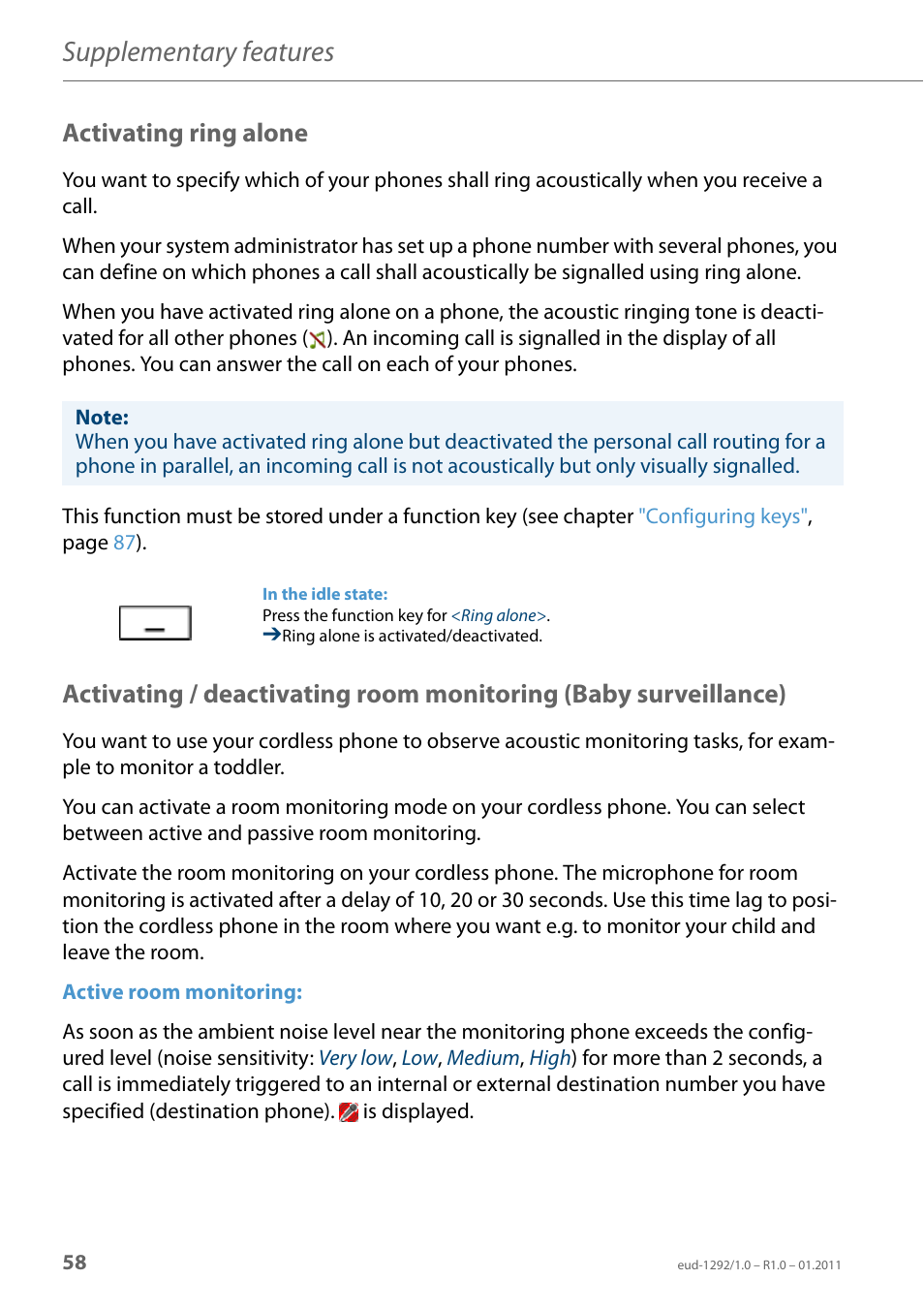 Activating ring alone, Activating, Ring alone | Supplementary features | AASTRA 630d for Aastra 400 User Guide EN User Manual | Page 58 / 103