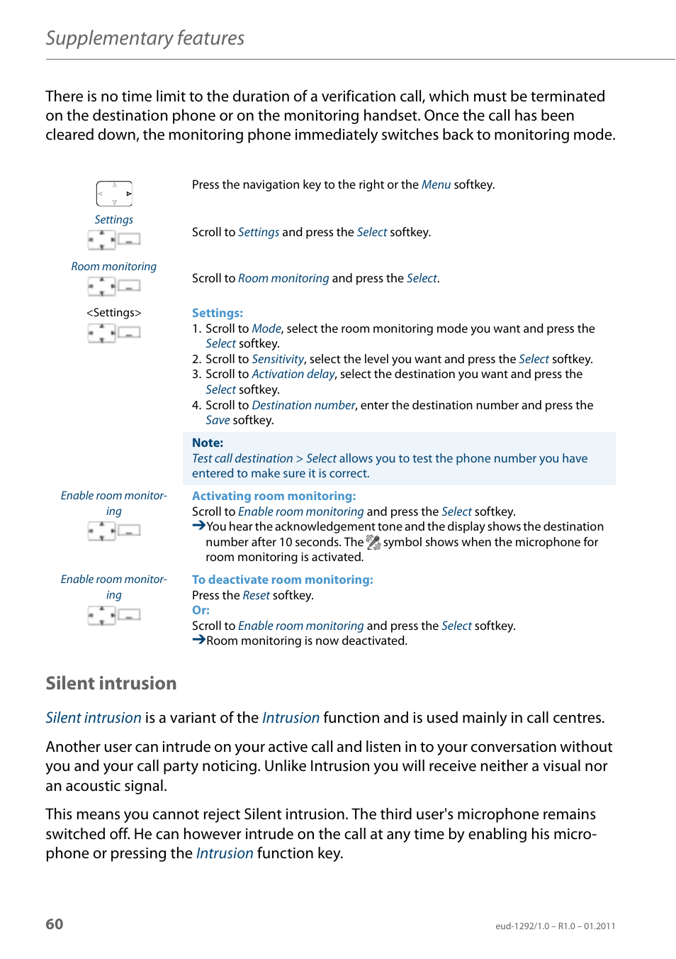 Silent intrusion, Supplementary features | AASTRA 630d for Aastra 400 User Guide EN User Manual | Page 60 / 103