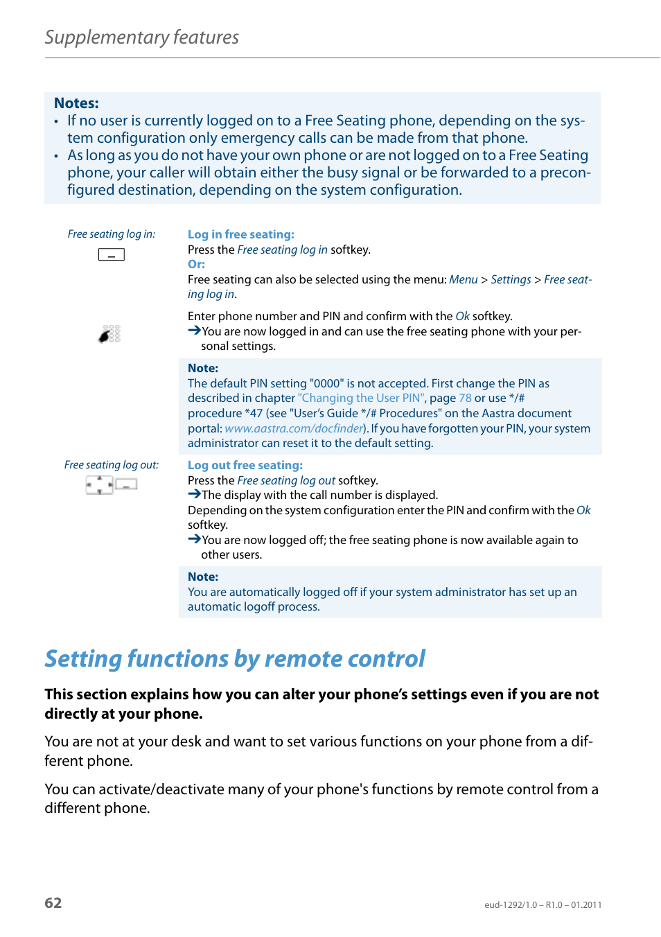 Setting functions by remote control, Setting, Functions by remote control | Supplementary features | AASTRA 630d for Aastra 400 User Guide EN User Manual | Page 62 / 103