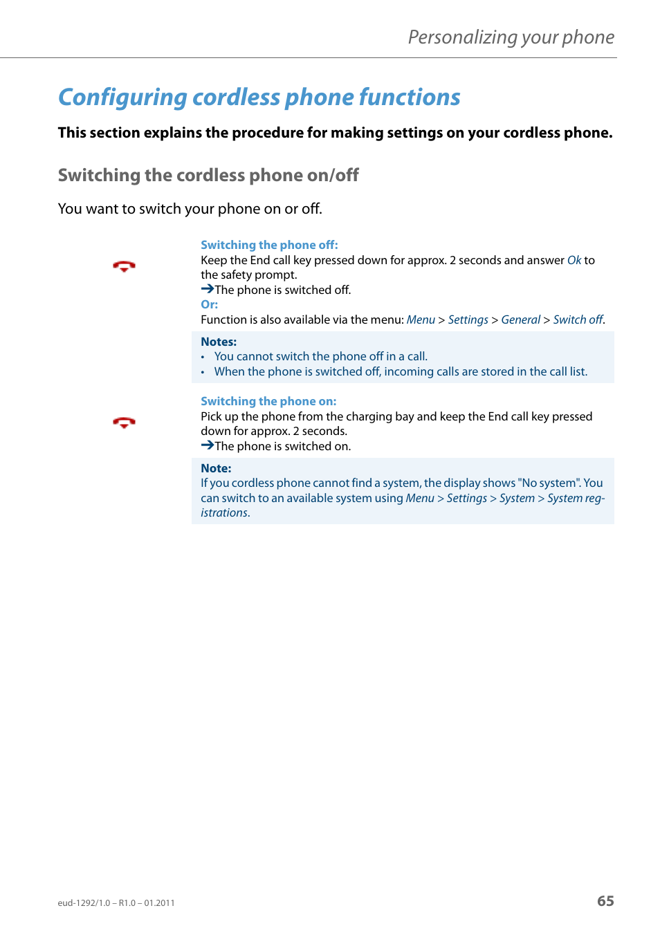 Configuring cordless phone functions, Switching the cordless phone on/off, Personalizing your phone | AASTRA 630d for Aastra 400 User Guide EN User Manual | Page 65 / 103