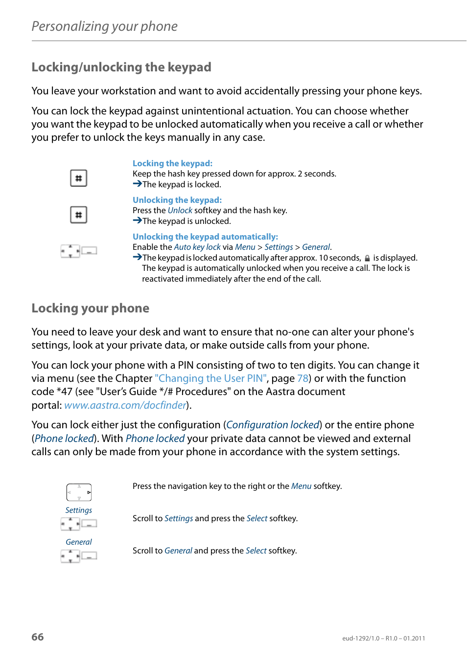 Locking/unlocking the keypad, Locking your phone, Personalizing your phone | AASTRA 630d for Aastra 400 User Guide EN User Manual | Page 66 / 103