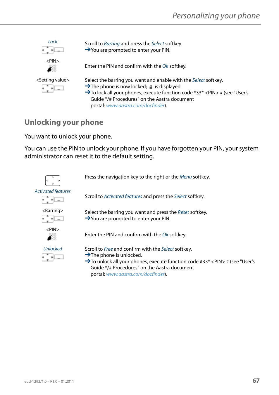 Unlocking your phone, Personalizing your phone | AASTRA 630d for Aastra 400 User Guide EN User Manual | Page 67 / 103