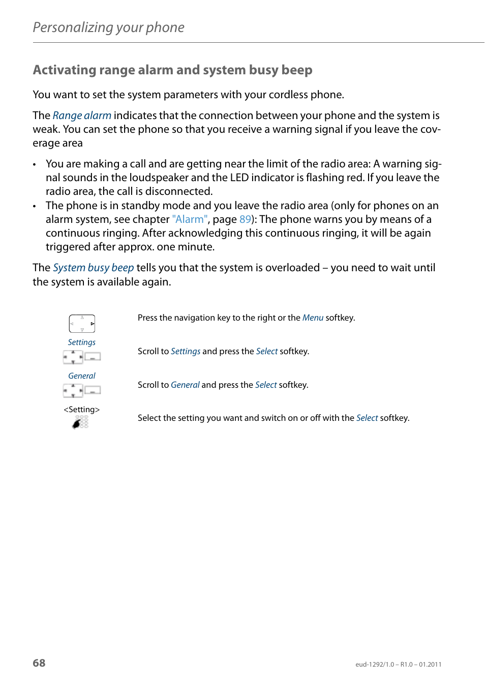 Activating range alarm and system busy beep, Personalizing your phone | AASTRA 630d for Aastra 400 User Guide EN User Manual | Page 68 / 103