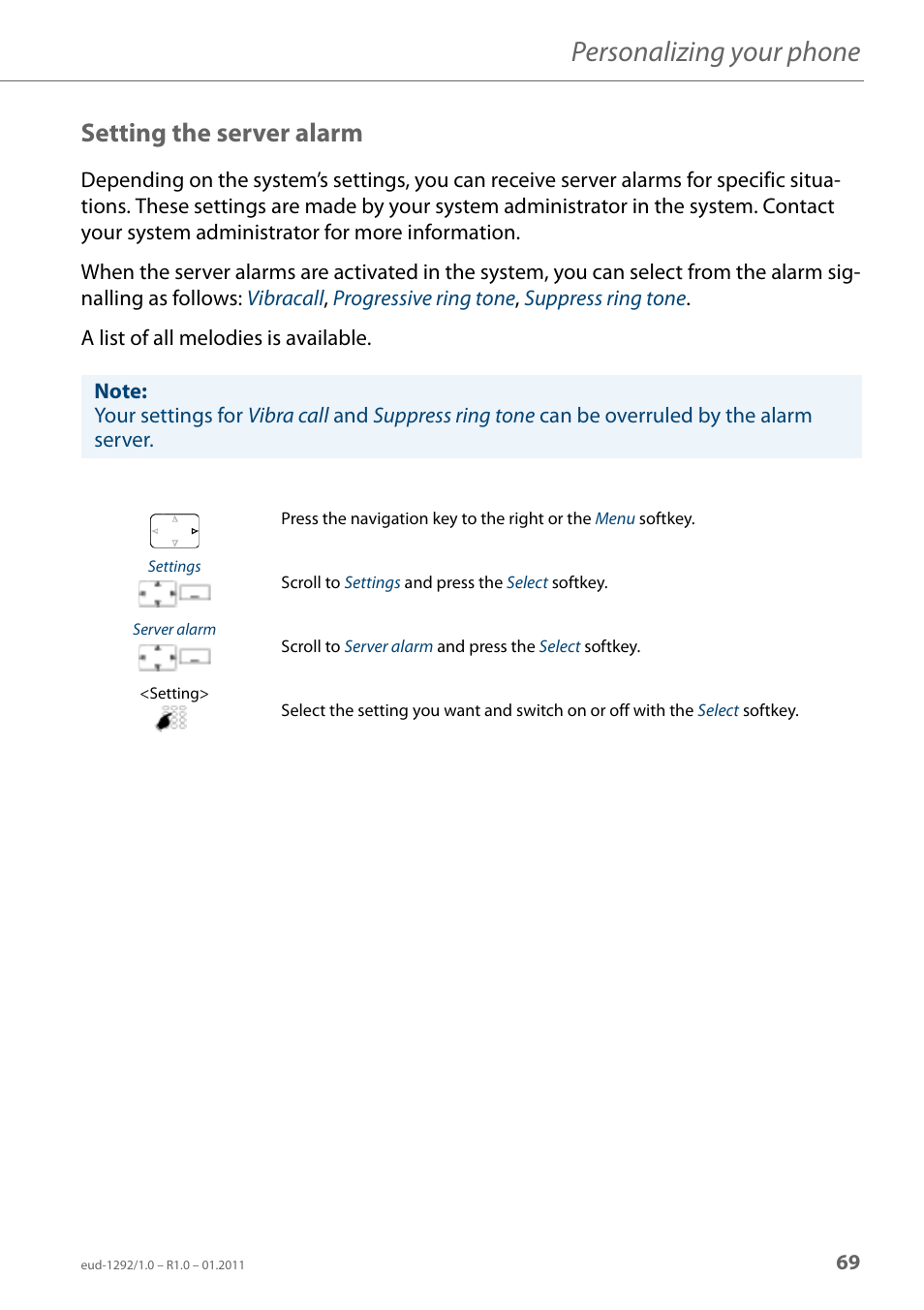 Setting the server alarm, Personalizing your phone | AASTRA 630d for Aastra 400 User Guide EN User Manual | Page 69 / 103