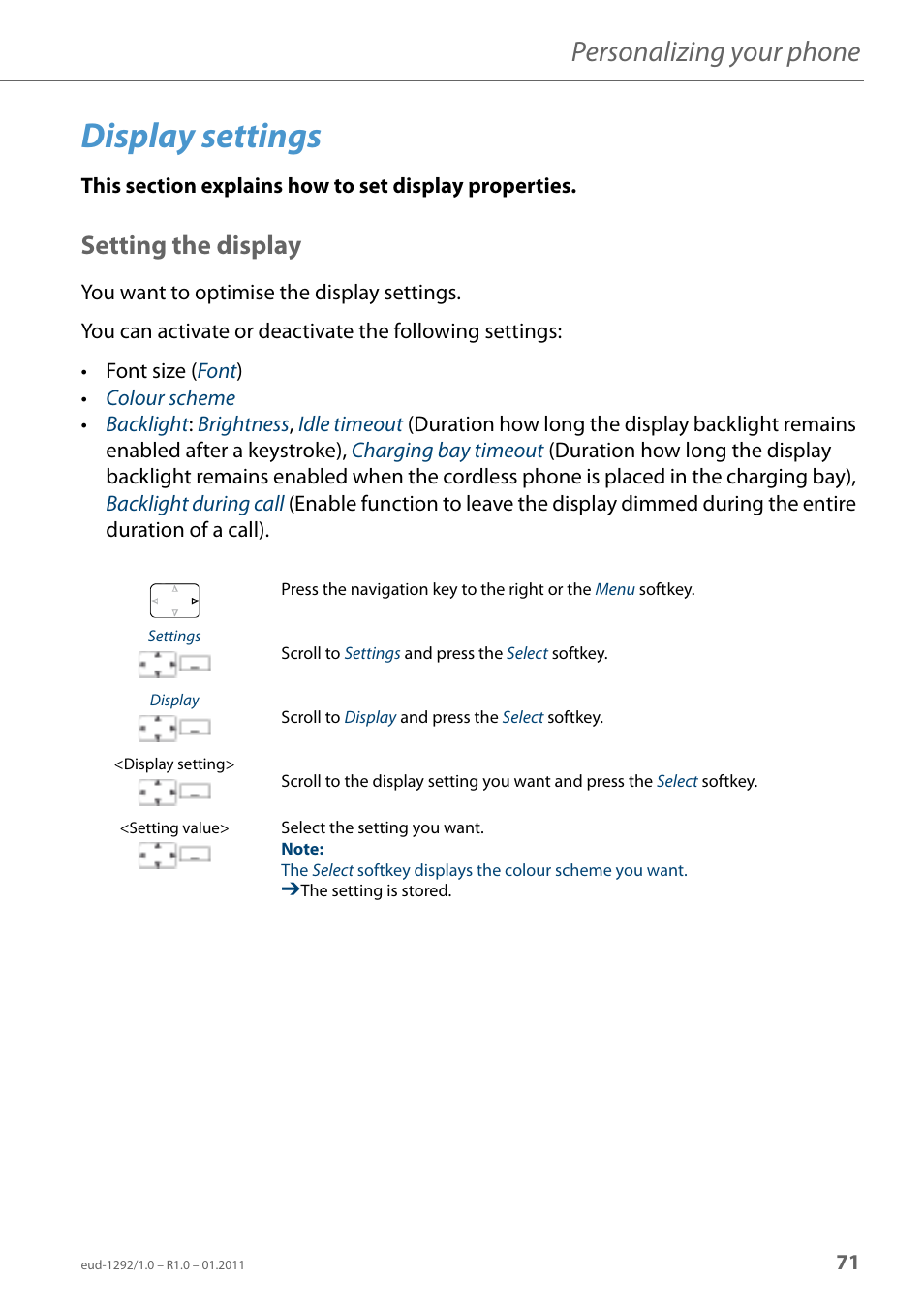 Display settings, Setting the display, Personalizing your phone | AASTRA 630d for Aastra 400 User Guide EN User Manual | Page 71 / 103