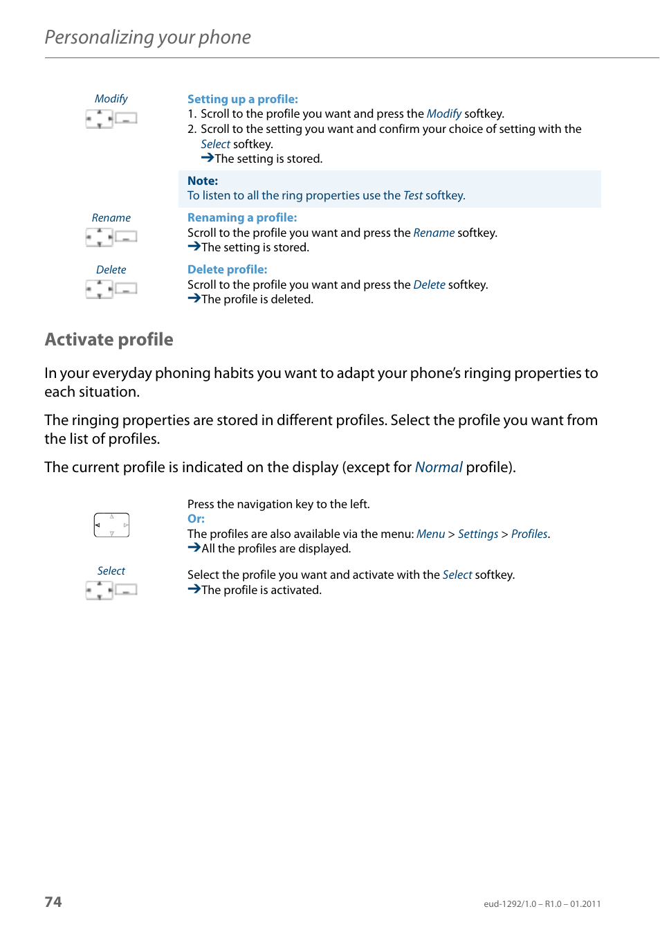 Activate profile, Personalizing your phone | AASTRA 630d for Aastra 400 User Guide EN User Manual | Page 74 / 103