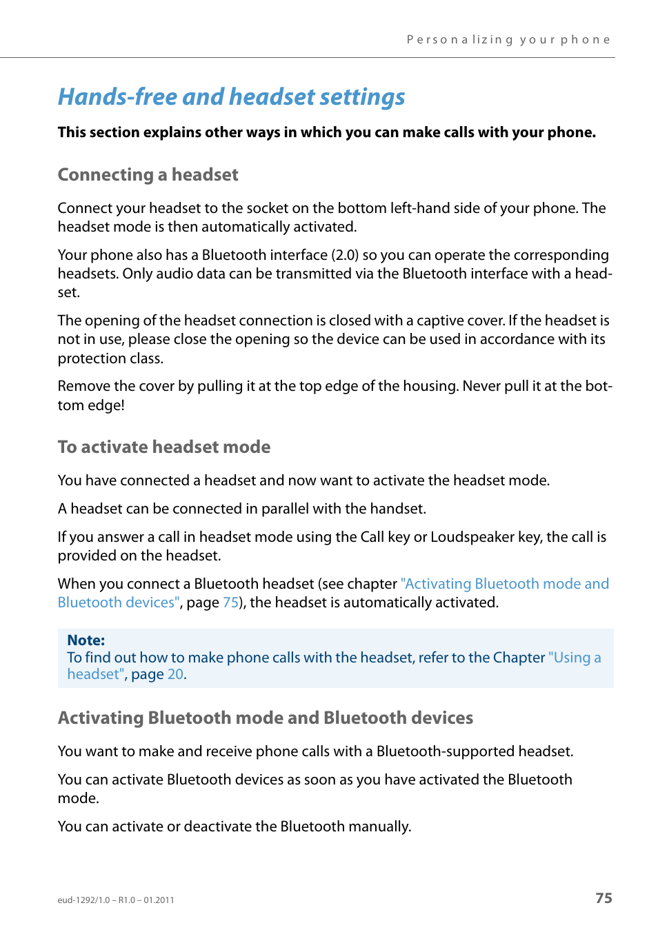 Hands-free and headset settings, Connecting a headset, To activate headset mode | Activating bluetooth mode and bluetooth devices, To activate, Headset mode, Activating, Bluetooth mode and bluetooth devices | AASTRA 630d for Aastra 400 User Guide EN User Manual | Page 75 / 103