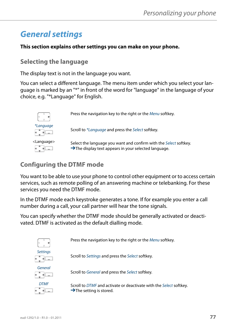 General settings, Selecting the language, Configuring the dtmf mode | Personalizing your phone | AASTRA 630d for Aastra 400 User Guide EN User Manual | Page 77 / 103