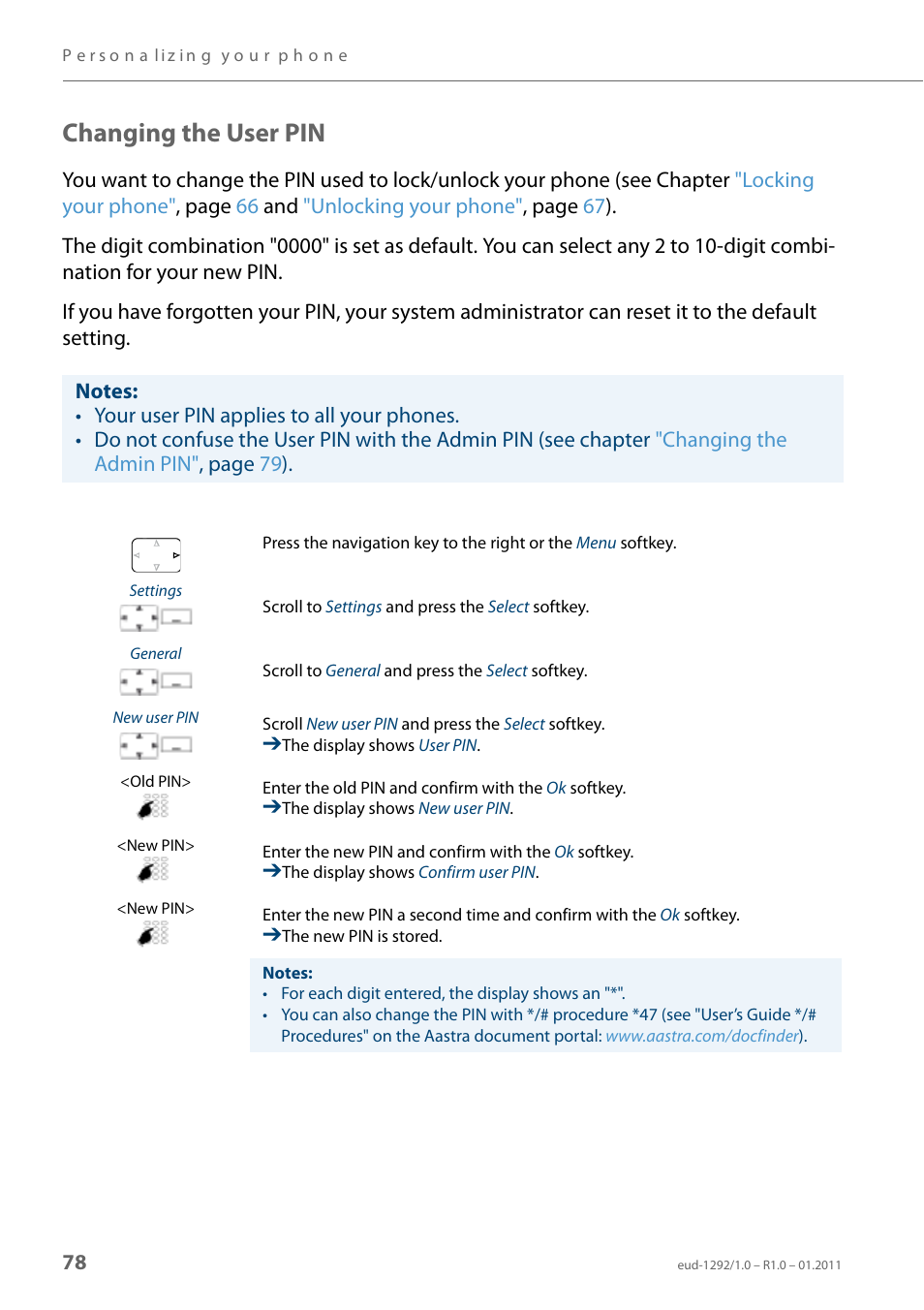 Changing the user pin | AASTRA 630d for Aastra 400 User Guide EN User Manual | Page 78 / 103