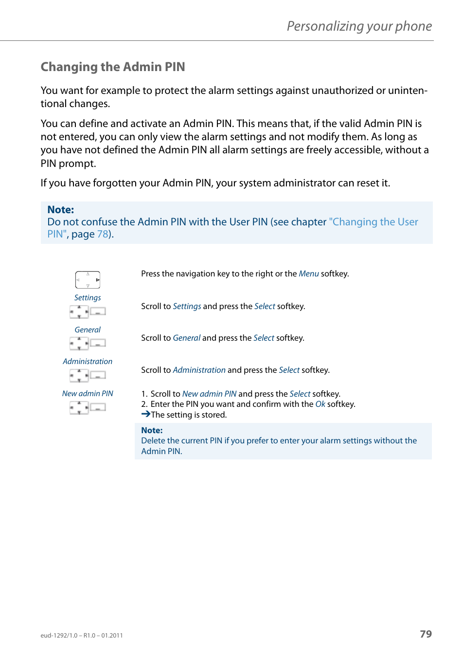 Changing the admin pin, Changing the, Admin pin | Personalizing your phone | AASTRA 630d for Aastra 400 User Guide EN User Manual | Page 79 / 103