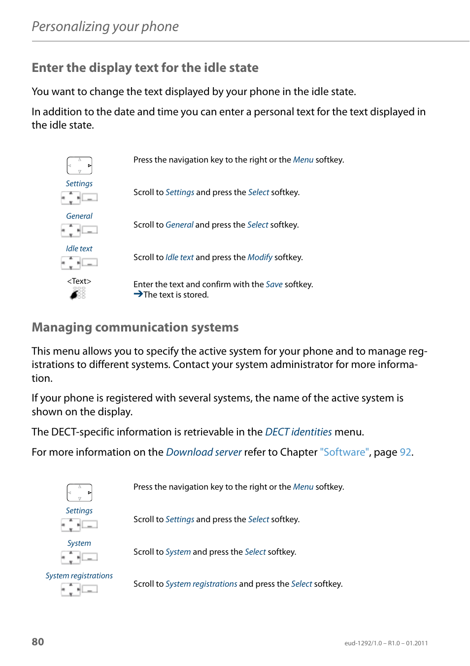 Enter the display text for the idle state, Managing communication systems, Personalizing your phone | AASTRA 630d for Aastra 400 User Guide EN User Manual | Page 80 / 103