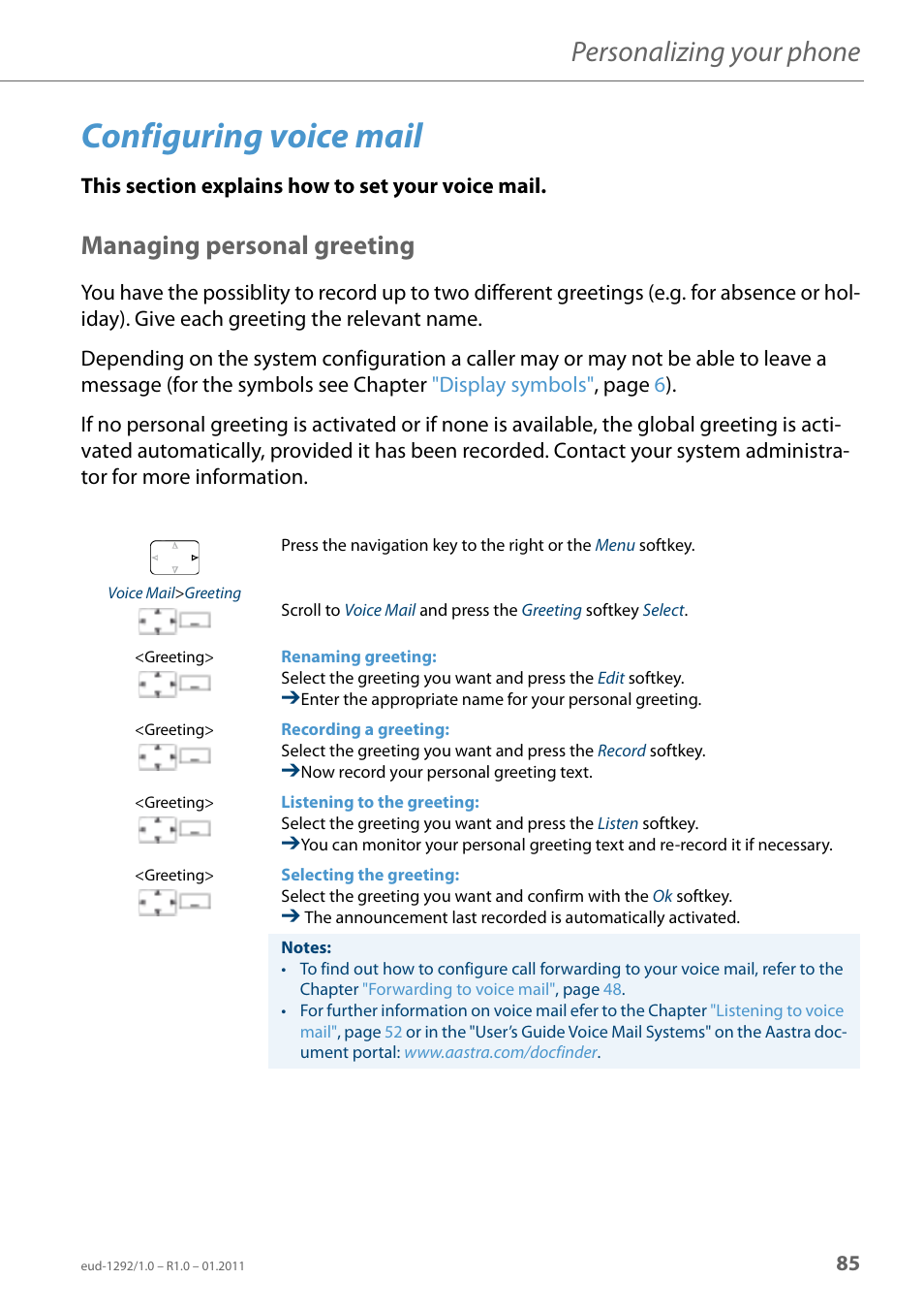 Configuring voice mail, Managing personal greeting, Configuring voice | Mail, Configuring, Voice mail, Or in the "user, Personalizing your phone | AASTRA 630d for Aastra 400 User Guide EN User Manual | Page 85 / 103