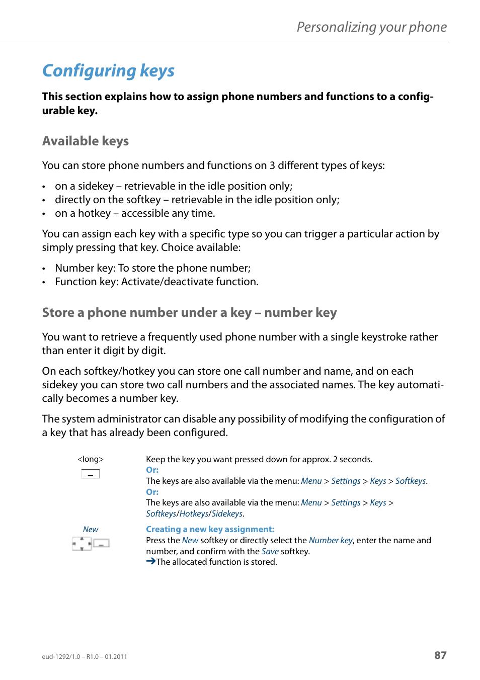 Configuring keys, Available keys, Store a phone number under a key – number key | Store a phone number, Under a key – number key, Figuring keys, Configuring, Keys, Personalizing your phone | AASTRA 630d for Aastra 400 User Guide EN User Manual | Page 87 / 103