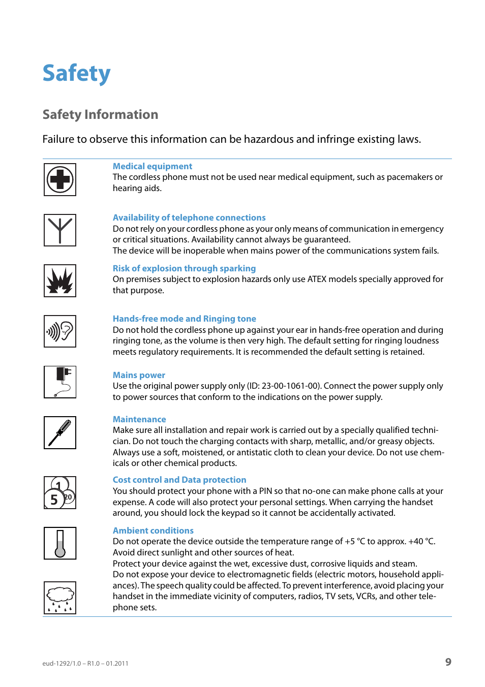 Safety, Safety information | AASTRA 630d for Aastra 400 User Guide EN User Manual | Page 9 / 103