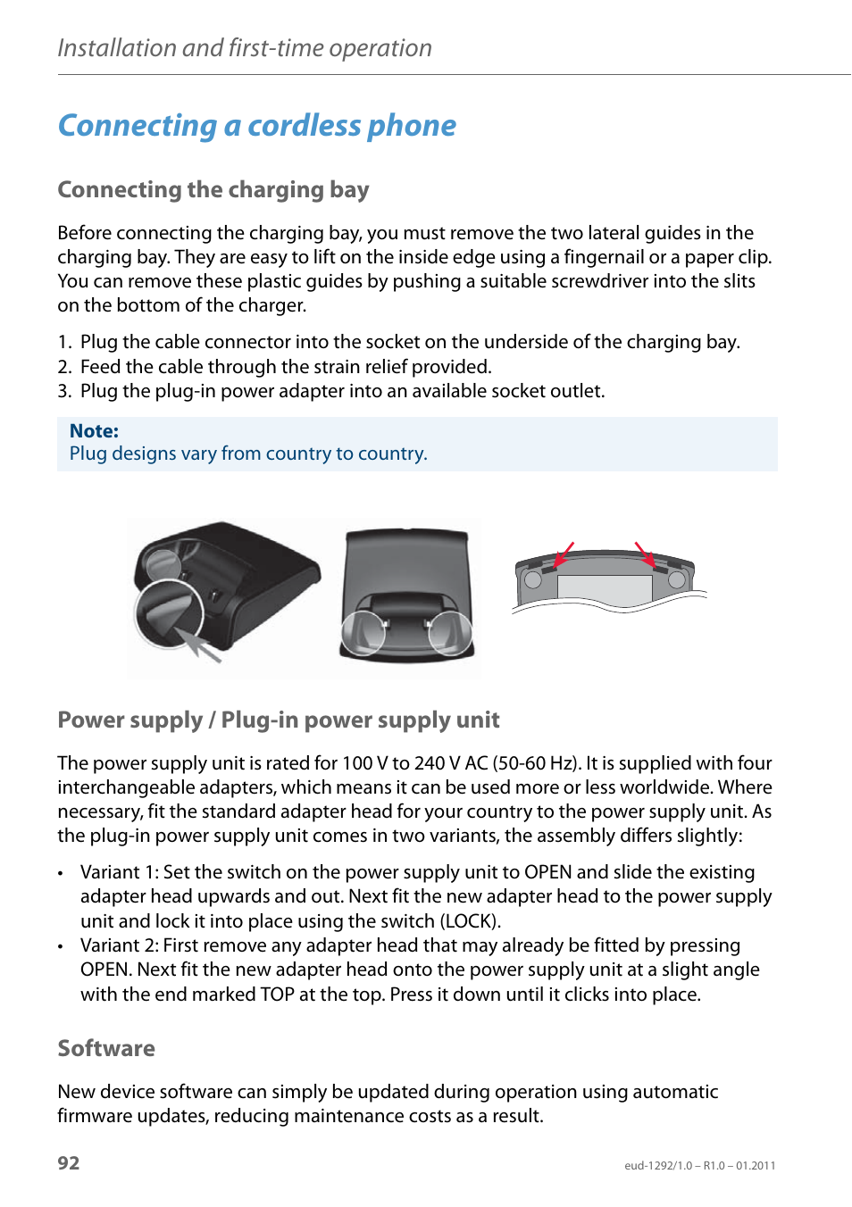 Connecting a cordless phone, Connecting the charging bay, Power supply / plug-in power supply unit | Software, Installation and first-time operation | AASTRA 630d for Aastra 400 User Guide EN User Manual | Page 92 / 103