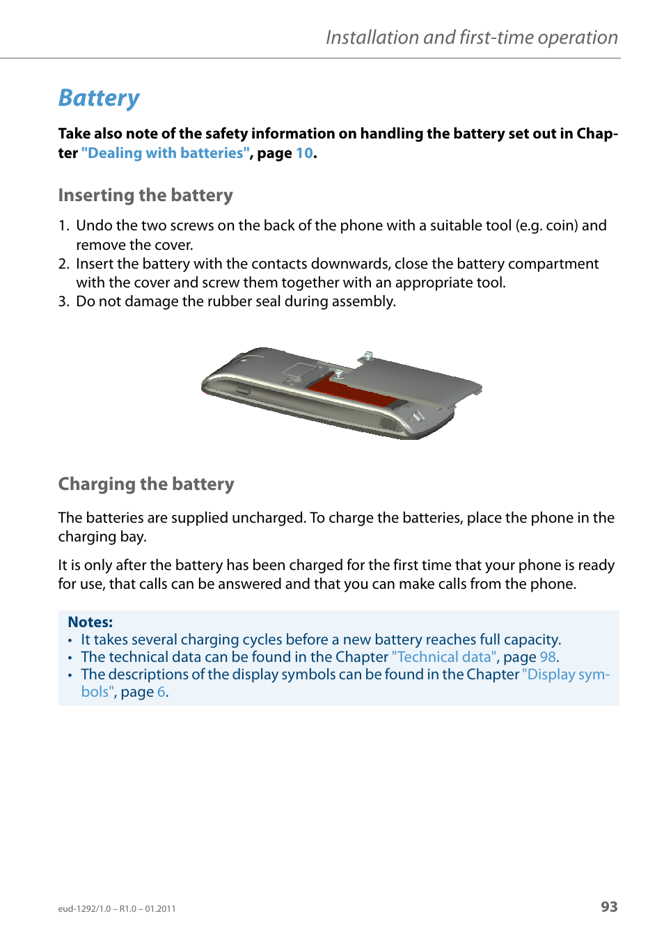Battery, Inserting the battery, Charging the battery | And f, Installation and first-time operation | AASTRA 630d for Aastra 400 User Guide EN User Manual | Page 93 / 103