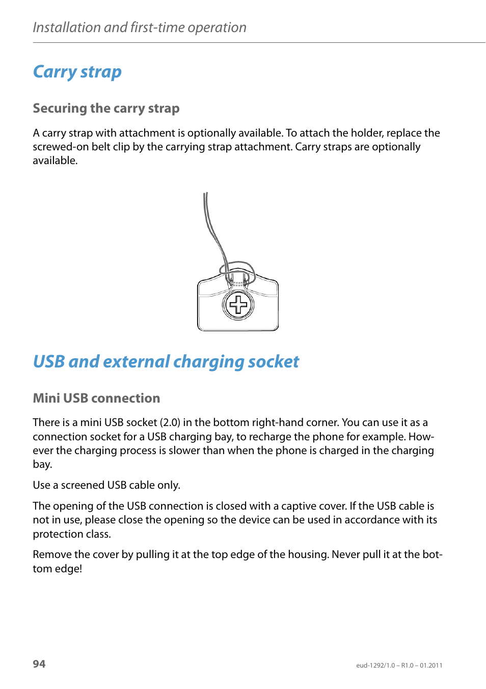 Carry strap, Securing the carry strap, Usb and external charging socket | Mini usb connection, Carry strap usb and external charging socket, Installation and first-time operation | AASTRA 630d for Aastra 400 User Guide EN User Manual | Page 94 / 103