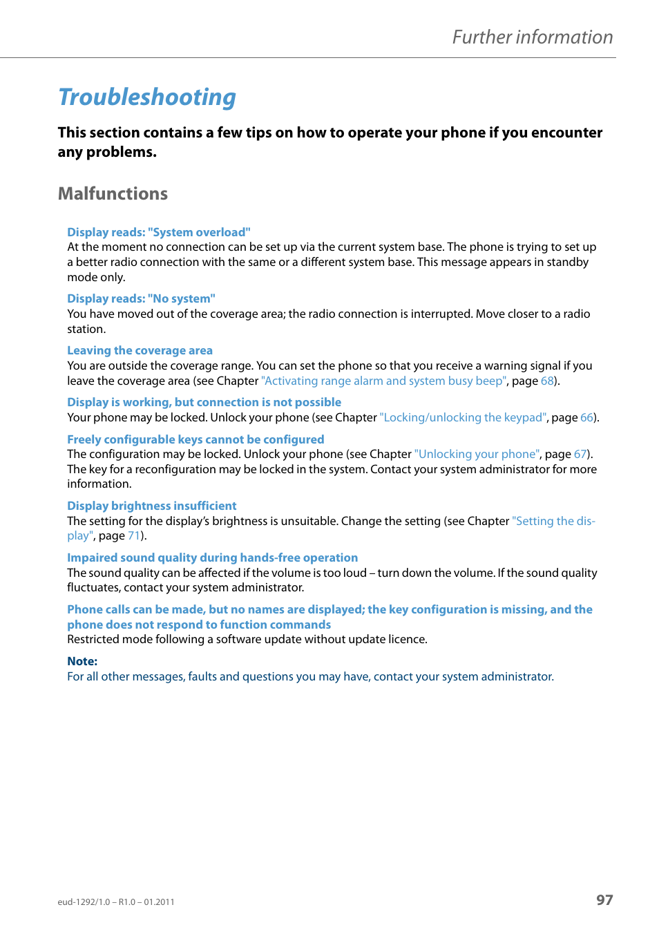 Troubleshooting, Malfunctions, Further information | AASTRA 630d for Aastra 400 User Guide EN User Manual | Page 97 / 103