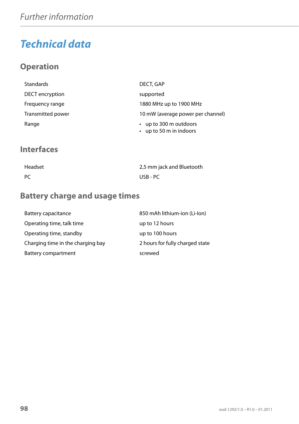 Technical data, Operation, Interfaces | Battery charge and usage times, Further information | AASTRA 630d for Aastra 400 User Guide EN User Manual | Page 98 / 103