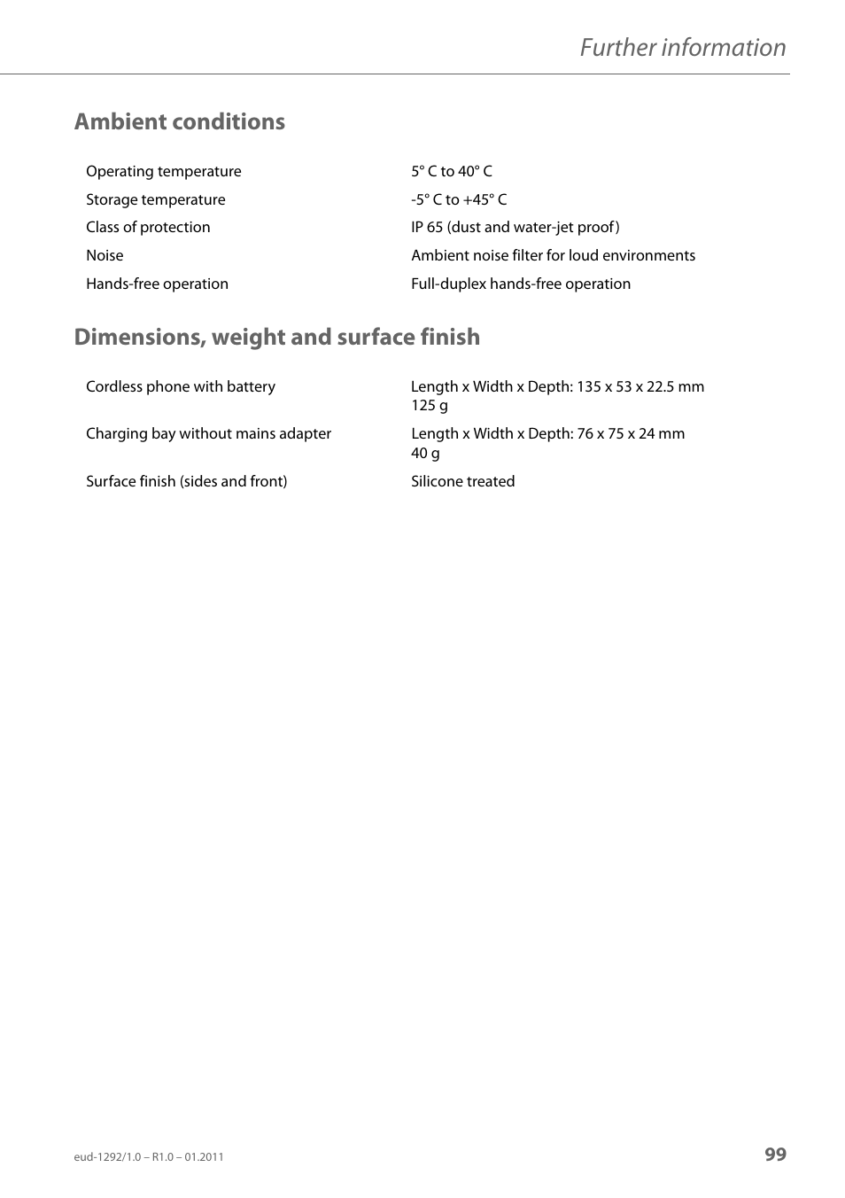 Ambient conditions, Dimensions, weight and surface finish, Further information | AASTRA 630d for Aastra 400 User Guide EN User Manual | Page 99 / 103