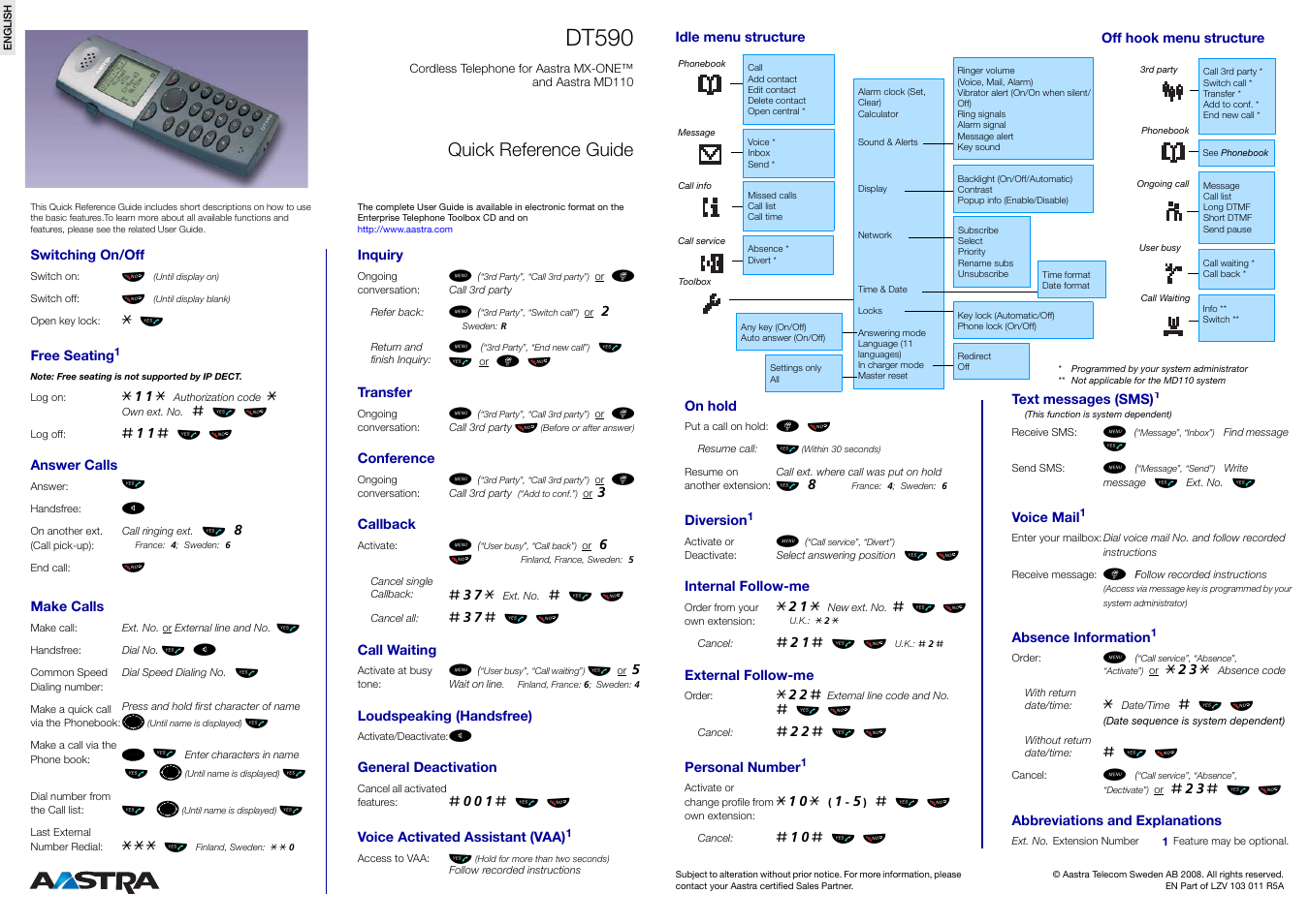 AASTRA DT590 for MX-ONE Quick Reference Guide EN User Manual | 1 page