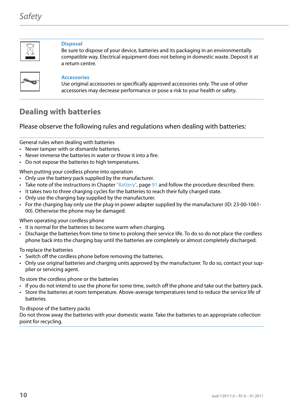 Dealing with batteries, Safety | AASTRA 620d for Aastra 400 User Guide EN User Manual | Page 10 / 101