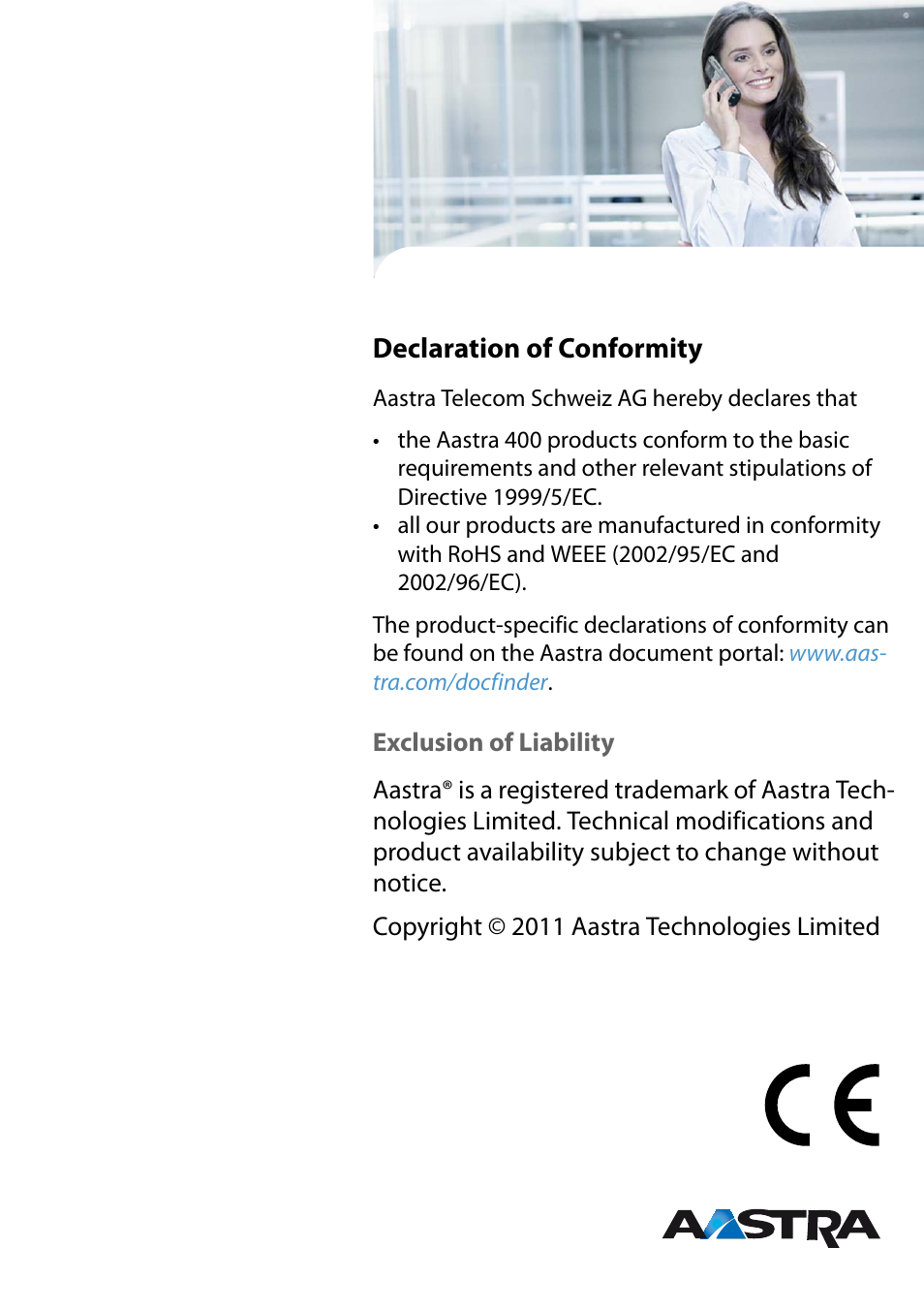 Exclusion of liability, Declaration of conformity | AASTRA 620d for Aastra 400 User Guide EN User Manual | Page 101 / 101