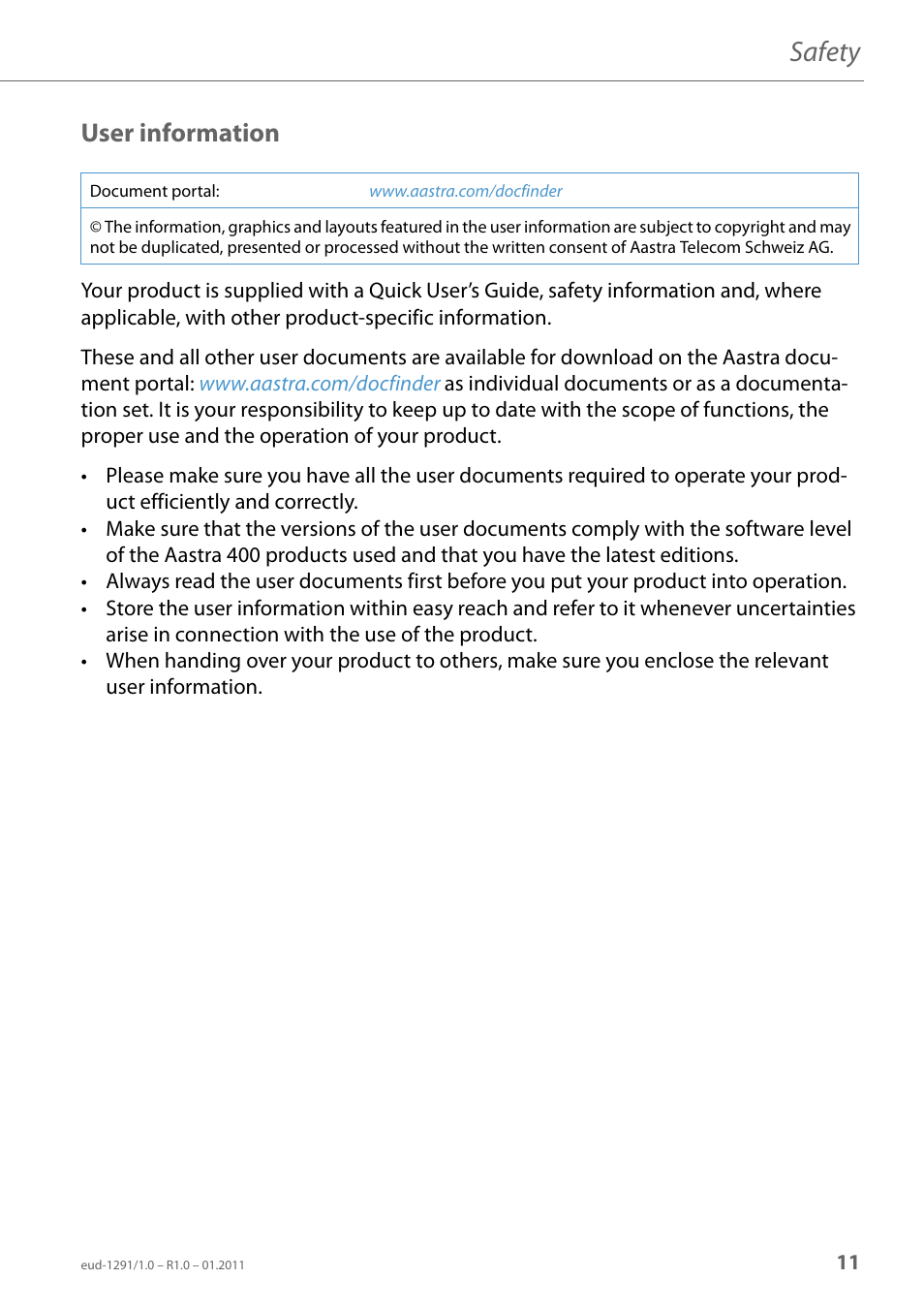 User information, Safety | AASTRA 620d for Aastra 400 User Guide EN User Manual | Page 11 / 101