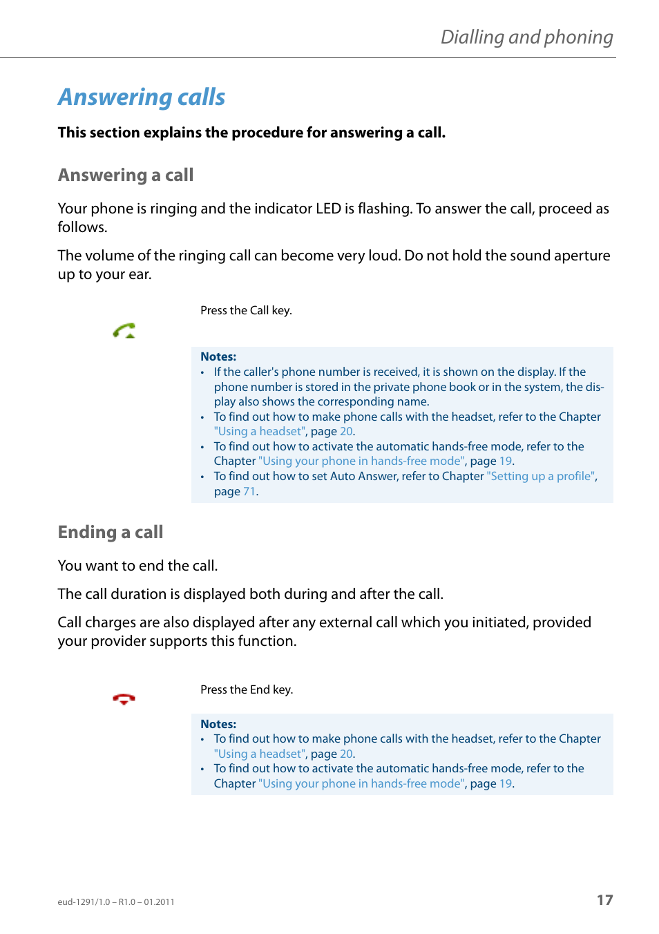 Answering calls, Answering a call, Ending a call | Dialling and phoning | AASTRA 620d for Aastra 400 User Guide EN User Manual | Page 17 / 101