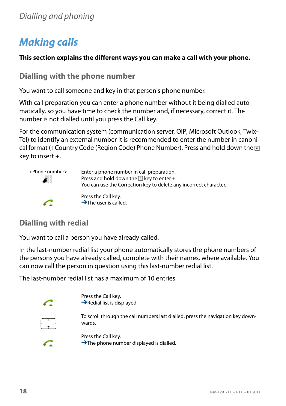 Making calls, Dialling with the phone number, Dialling with redial | Dialling and phoning | AASTRA 620d for Aastra 400 User Guide EN User Manual | Page 18 / 101