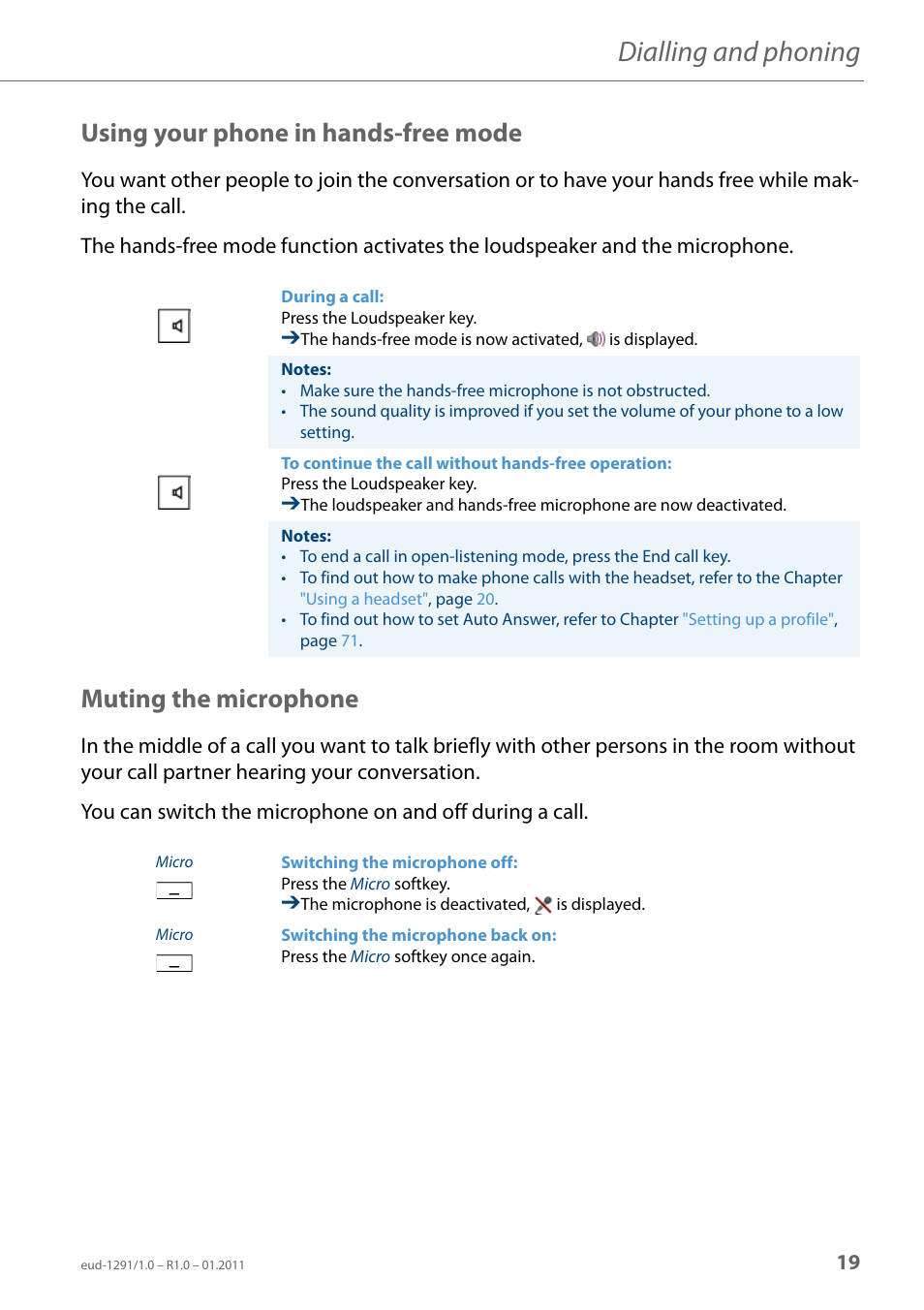 Using your phone in hands-free mode, Muting the microphone, Chapter | Dialling and phoning | AASTRA 620d for Aastra 400 User Guide EN User Manual | Page 19 / 101