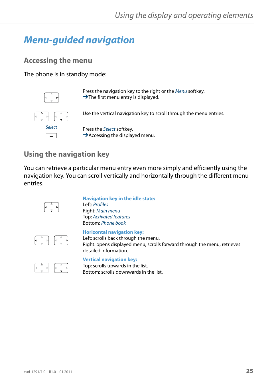 Menu-guided navigation, Accessing the menu, Using the navigation key | Using the display and operating elements | AASTRA 620d for Aastra 400 User Guide EN User Manual | Page 25 / 101