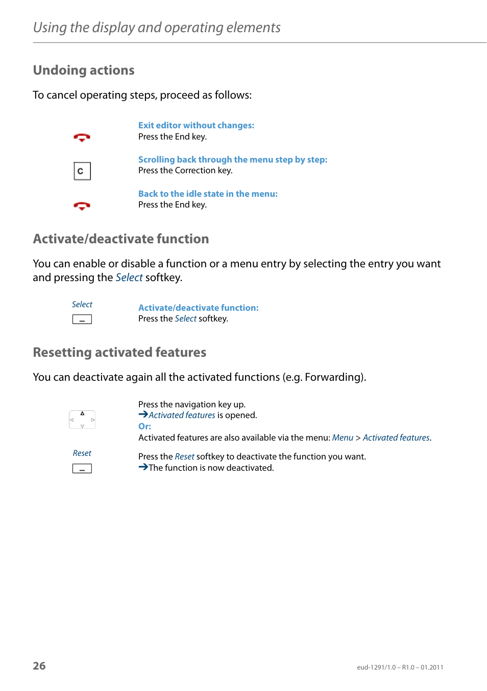 Undoing actions, Activate/deactivate function, Resetting activated features | Using the display and operating elements | AASTRA 620d for Aastra 400 User Guide EN User Manual | Page 26 / 101