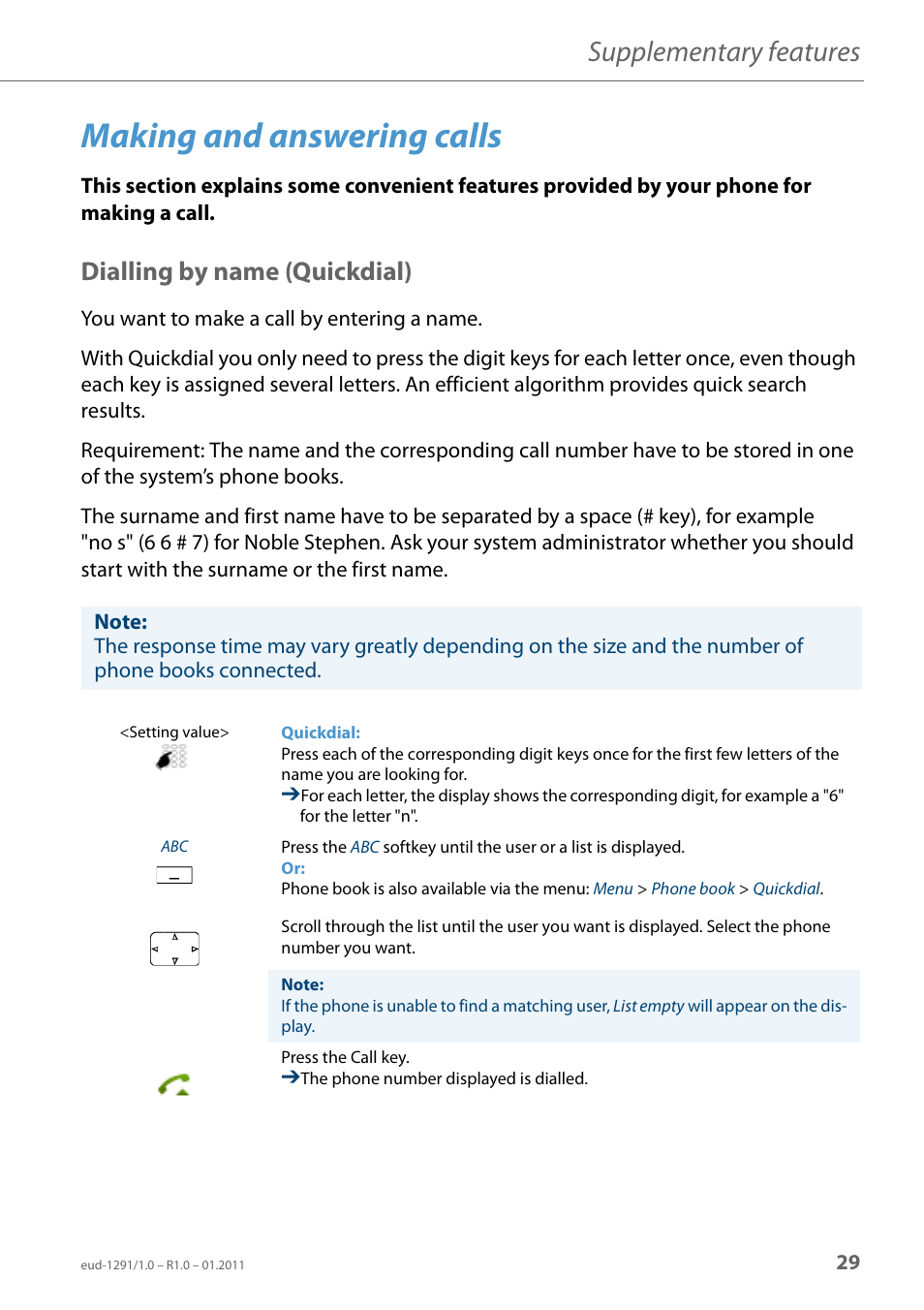 Making and answering calls, Dialling by name (quickdial), Supplementary features | AASTRA 620d for Aastra 400 User Guide EN User Manual | Page 29 / 101