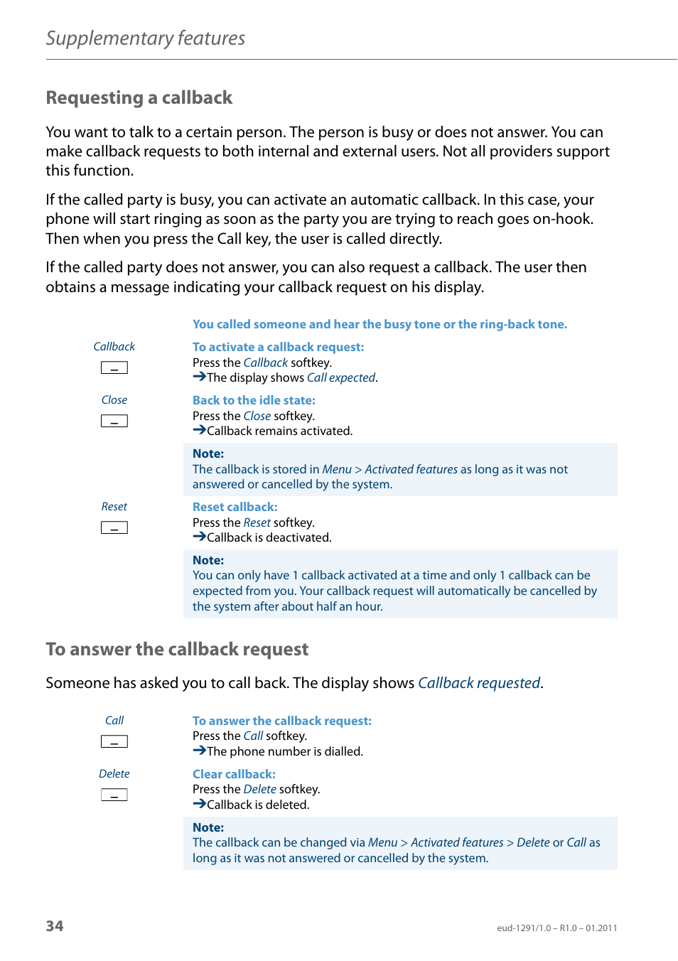 Requesting a callback, To answer the callback request, Supplementary features | AASTRA 620d for Aastra 400 User Guide EN User Manual | Page 34 / 101