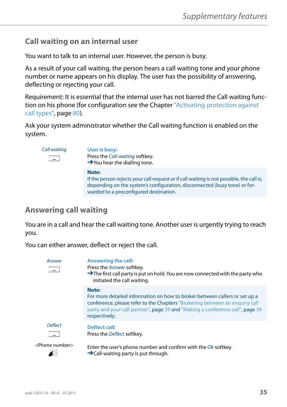 Call waiting on an internal user, Answering call waiting, Supplementary features | AASTRA 620d for Aastra 400 User Guide EN User Manual | Page 35 / 101