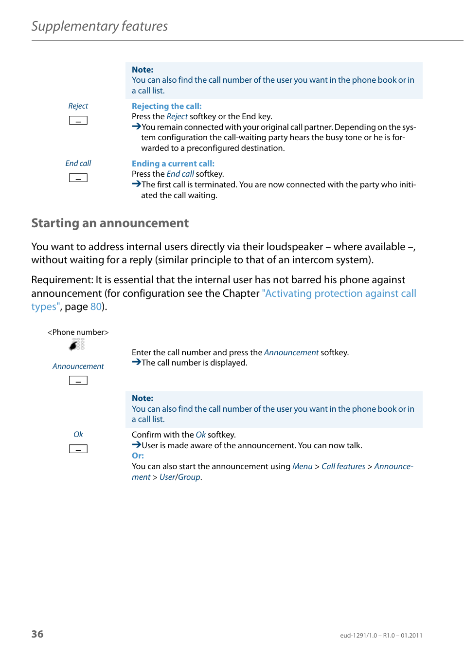 Starting an announcement, Supplementary features | AASTRA 620d for Aastra 400 User Guide EN User Manual | Page 36 / 101