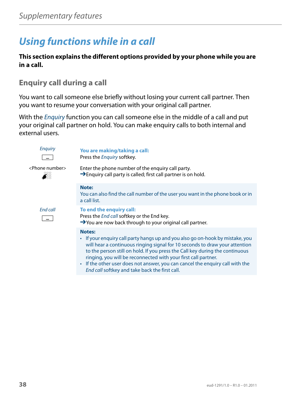 Using functions while in a call, Enquiry call during a call, Supplementary features | AASTRA 620d for Aastra 400 User Guide EN User Manual | Page 38 / 101