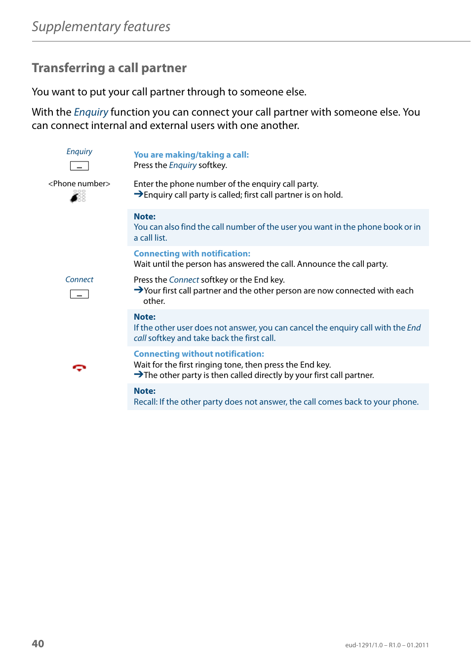 Transferring a call partner, Supplementary features | AASTRA 620d for Aastra 400 User Guide EN User Manual | Page 40 / 101