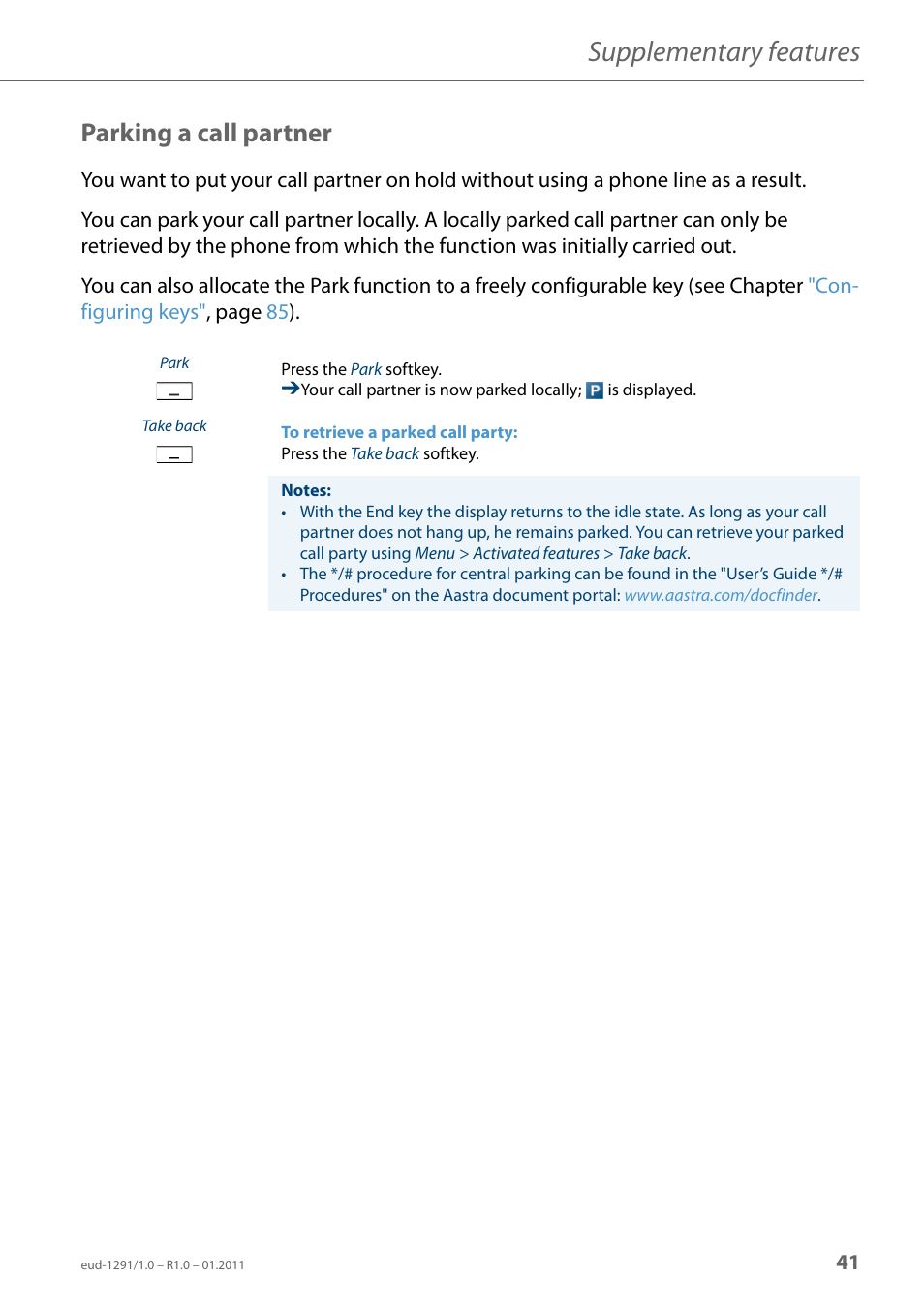 Parking a call partner, Supplementary features | AASTRA 620d for Aastra 400 User Guide EN User Manual | Page 41 / 101