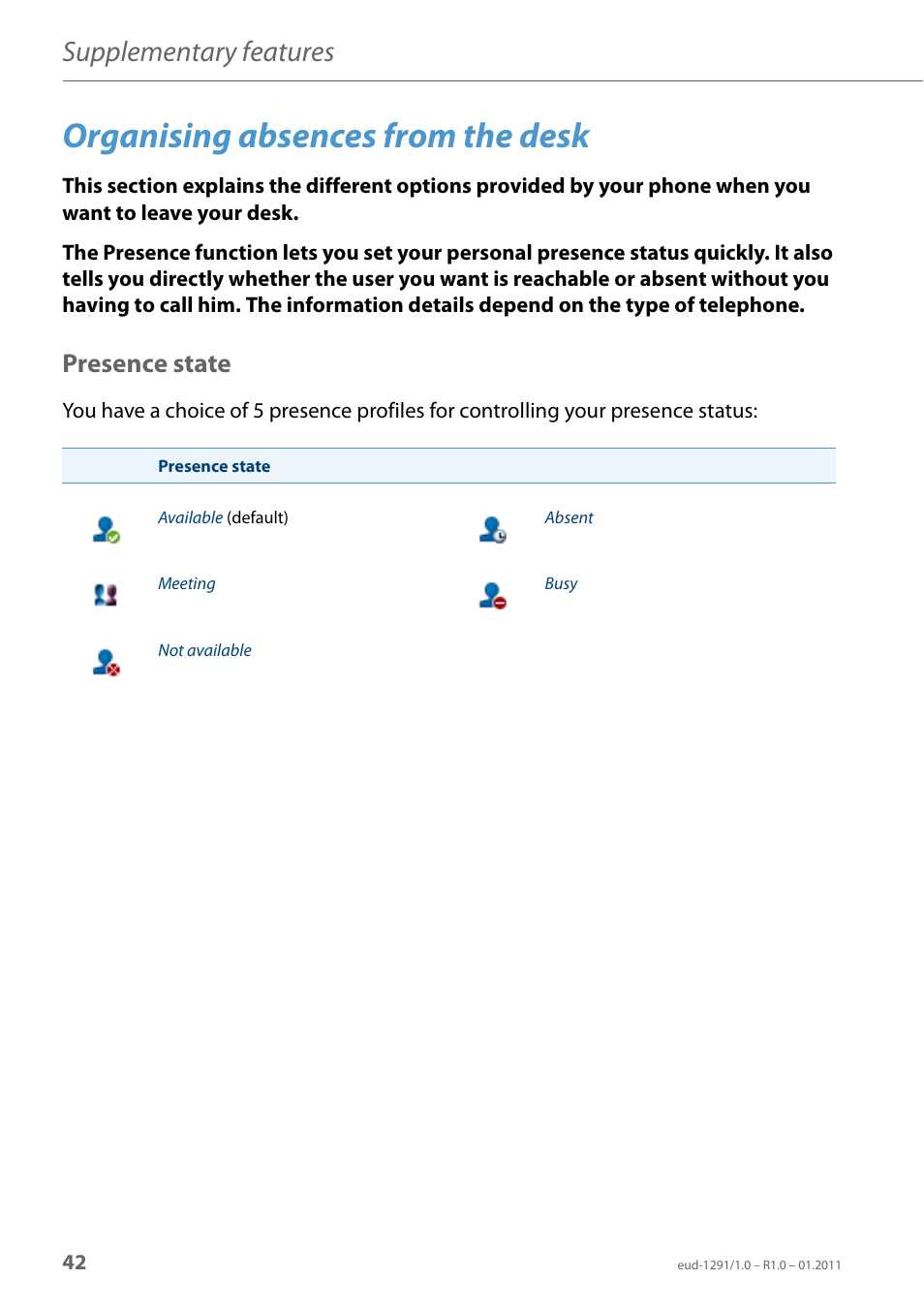 Organising absences from the desk, Presence state, Supplementary features | AASTRA 620d for Aastra 400 User Guide EN User Manual | Page 42 / 101
