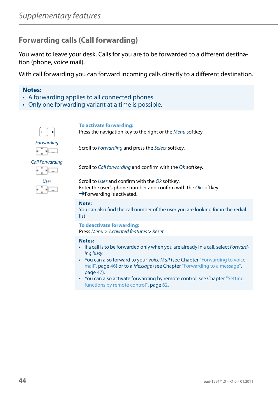Forwarding calls (call forwarding), Supplementary features | AASTRA 620d for Aastra 400 User Guide EN User Manual | Page 44 / 101