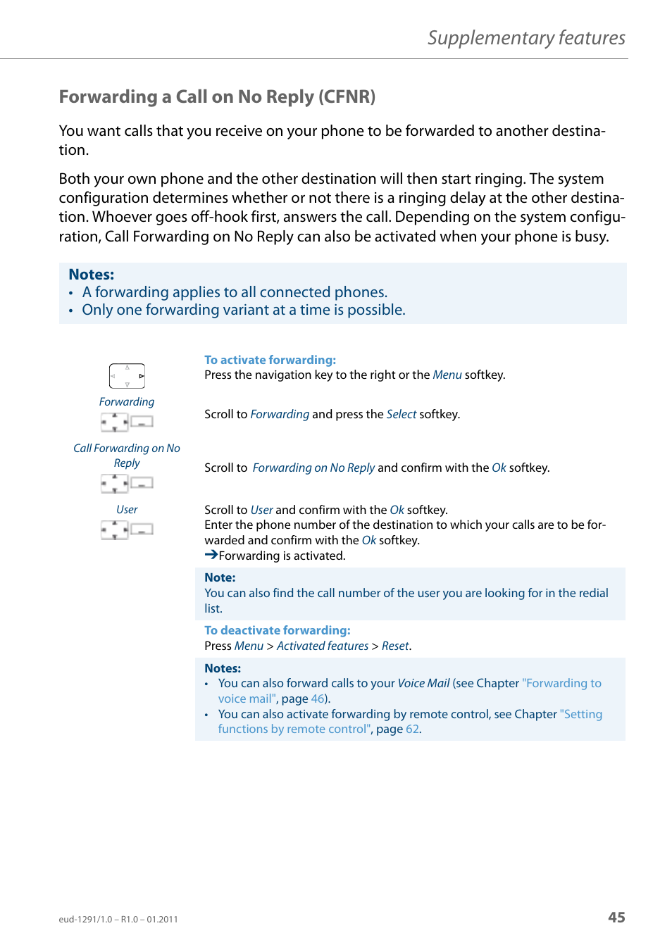 Forwarding a call on no reply (cfnr), Supplementary features | AASTRA 620d for Aastra 400 User Guide EN User Manual | Page 45 / 101
