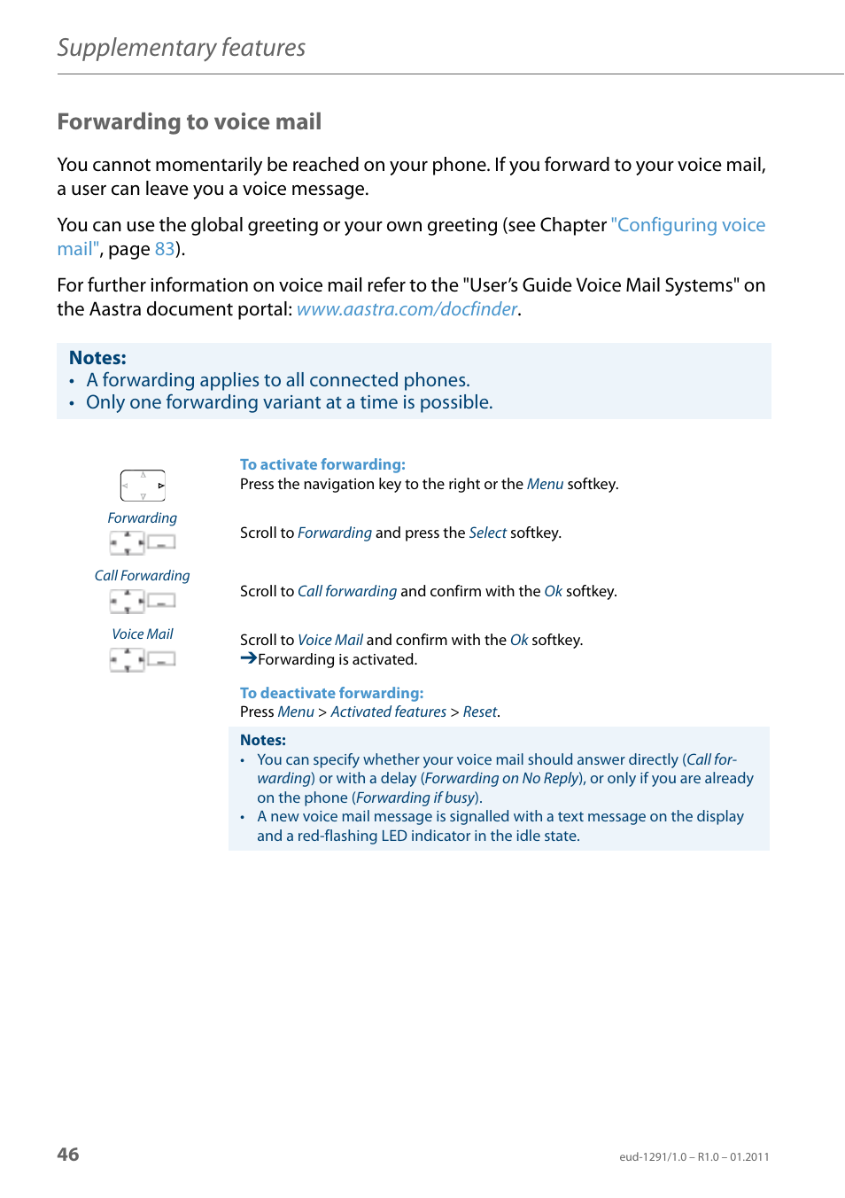 Forwarding to voice mail, Forwarding to voice, Mail | Forwarding to, Voice mail, Supplementary features | AASTRA 620d for Aastra 400 User Guide EN User Manual | Page 46 / 101