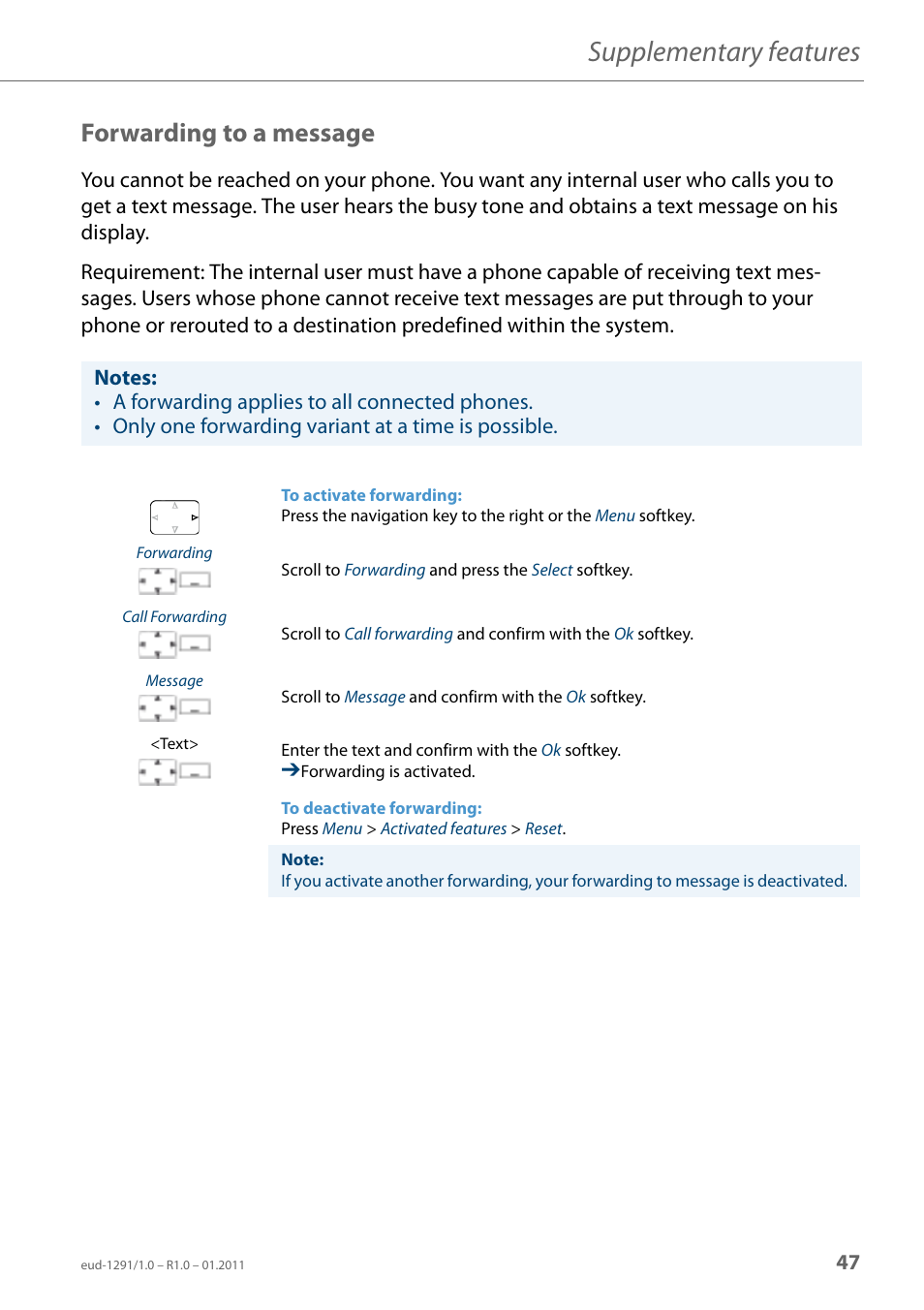 Forwarding to a message, Supplementary features | AASTRA 620d for Aastra 400 User Guide EN User Manual | Page 47 / 101