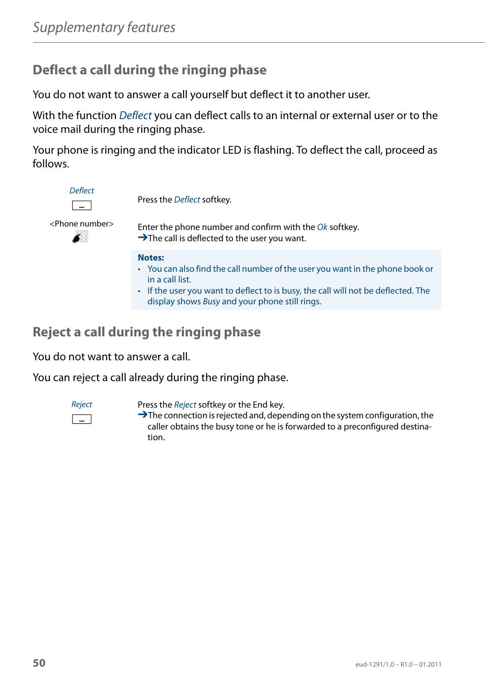 Deflect a call during the ringing phase, Reject a call during the ringing phase, Supplementary features | AASTRA 620d for Aastra 400 User Guide EN User Manual | Page 50 / 101