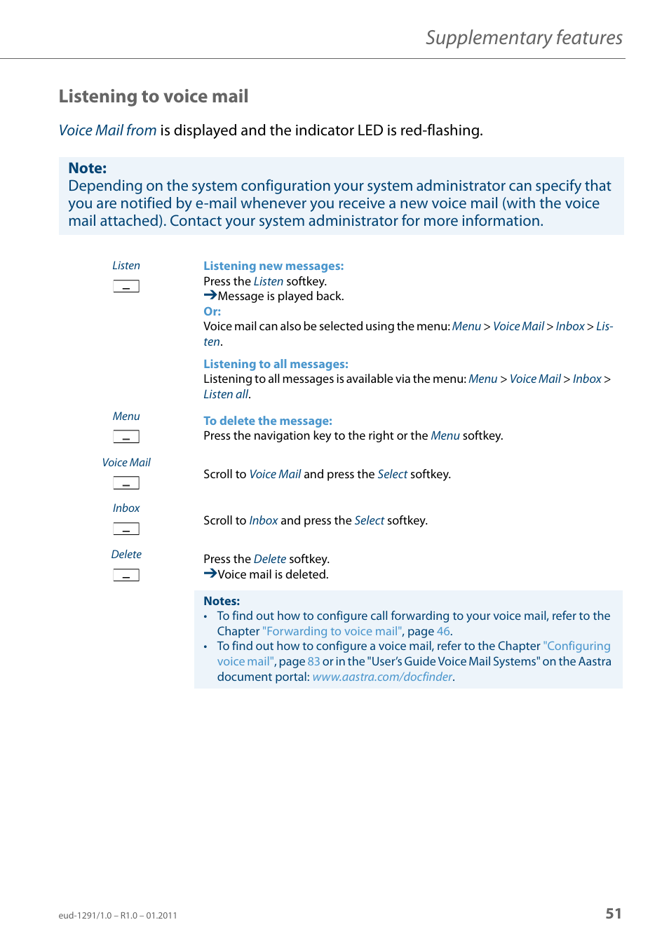 Listening to voice mail, Supplementary features | AASTRA 620d for Aastra 400 User Guide EN User Manual | Page 51 / 101