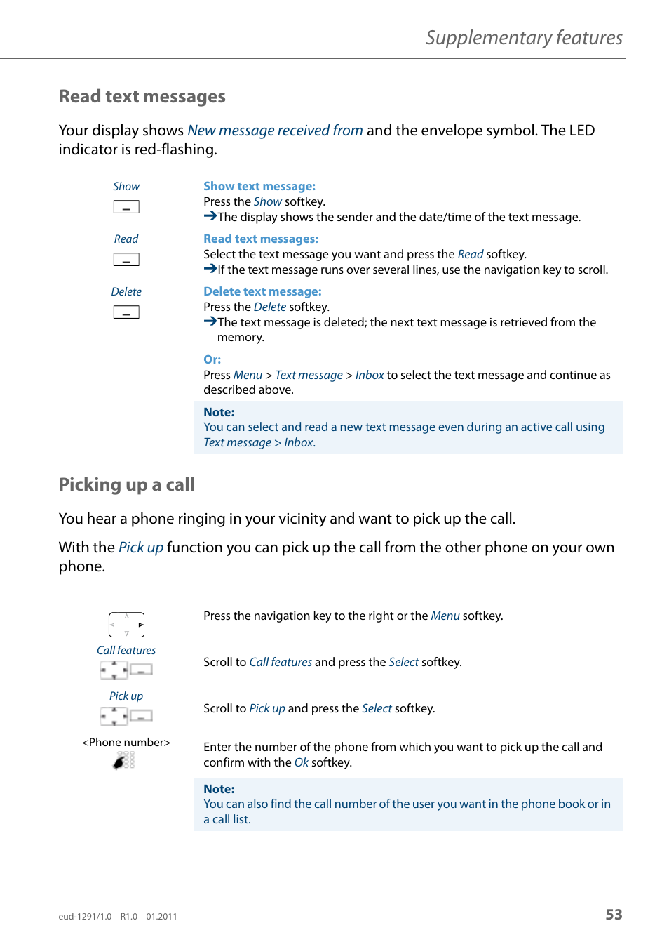 Read text messages, Picking up a call, Supplementary features | AASTRA 620d for Aastra 400 User Guide EN User Manual | Page 53 / 101